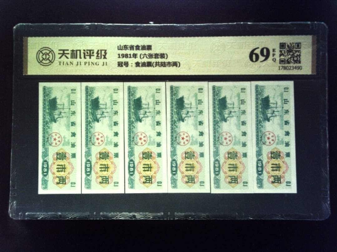 山东省食油票1981年 (六张套装)，冠号食油票(共陆市两)，纸币，钱币收藏