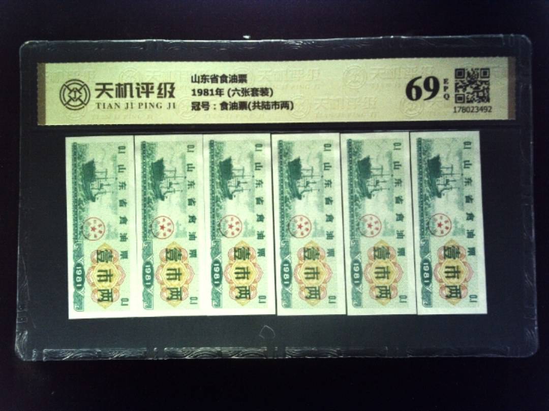 山东省食油票1981年 (六张套装)，冠号食油票(共陆市两)，纸币，钱币收藏
