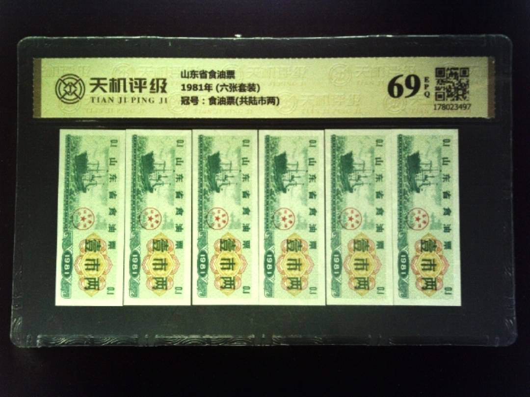 山东省食油票1981年 (六张套装)，冠号食油票(共陆市两)，纸币，钱币收藏