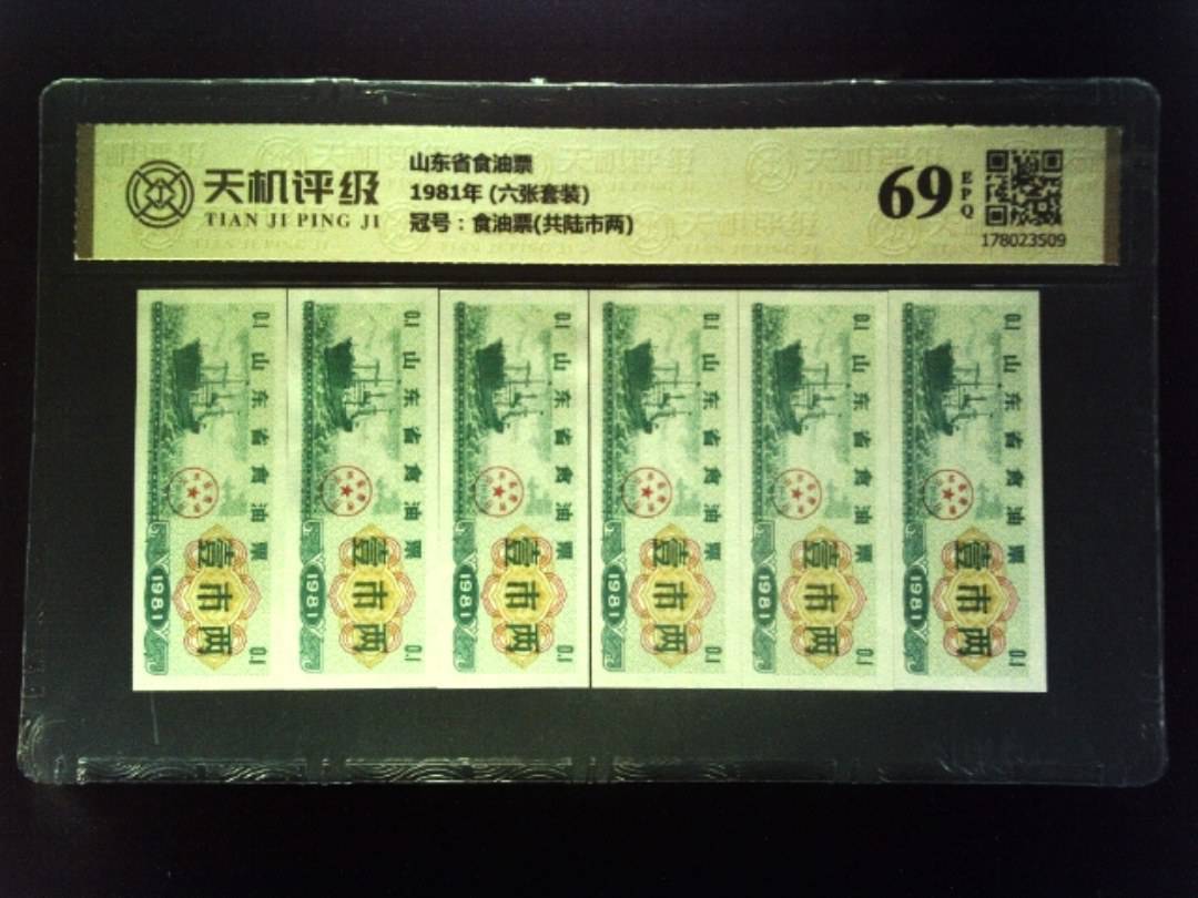 山东省食油票1981年 (六张套装)，冠号食油票(共陆市两)，纸币，钱币收藏