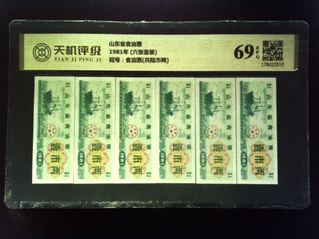 山东省食油票1981年 (六张套装)，冠号食油票(共陆市两)，纸币，钱币收藏