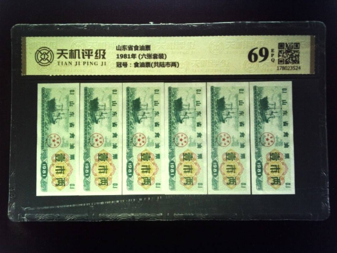 山东省食油票1981年 (六张套装)，冠号食油票(共陆市两)，纸币，钱币收藏