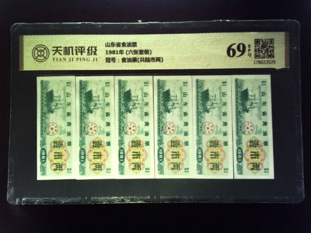 山东省食油票1981年 (六张套装)，冠号食油票(共陆市两)，纸币，钱币收藏