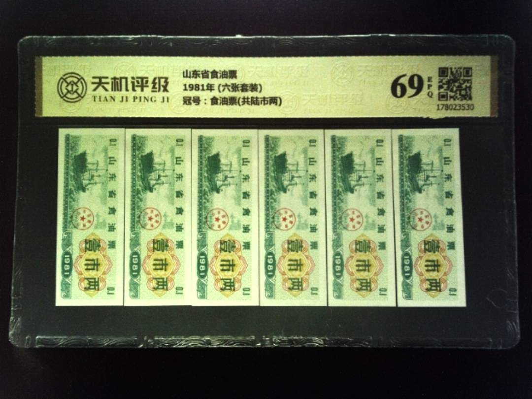 山东省食油票1981年 (六张套装)，冠号食油票(共陆市两)，纸币，钱币收藏
