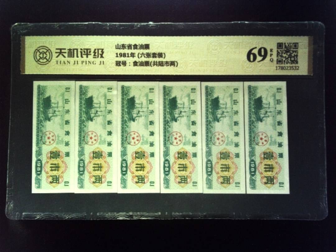 山东省食油票1981年 (六张套装)，冠号食油票(共陆市两)，纸币，钱币收藏