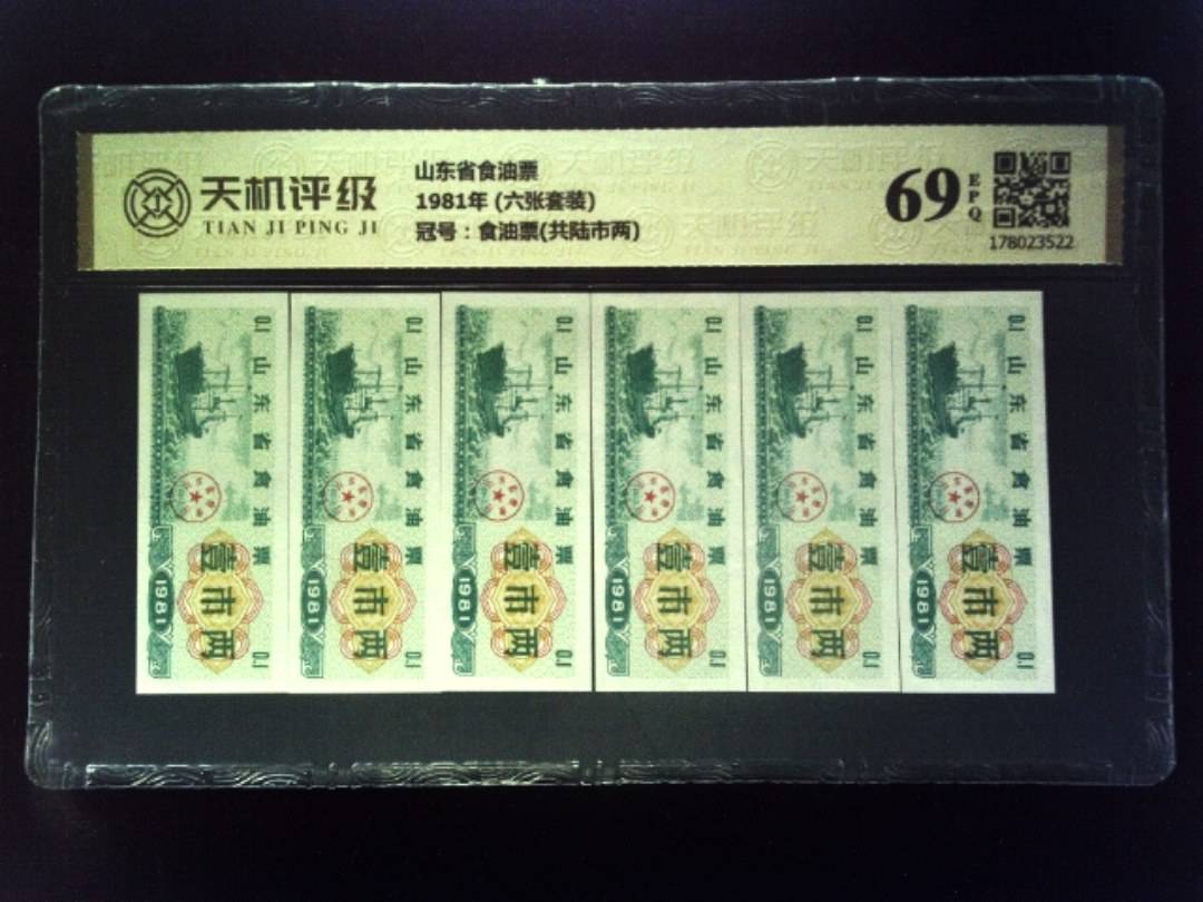 山东省食油票1981年 (六张套装)，冠号食油票(共陆市两)，纸币，钱币收藏