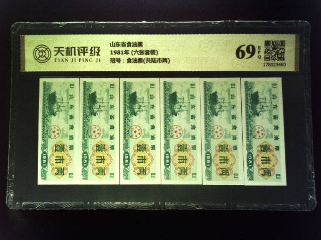 山东省食油票1981年 (六张套装)，冠号食油票(共陆市两)，纸币，钱币收藏
