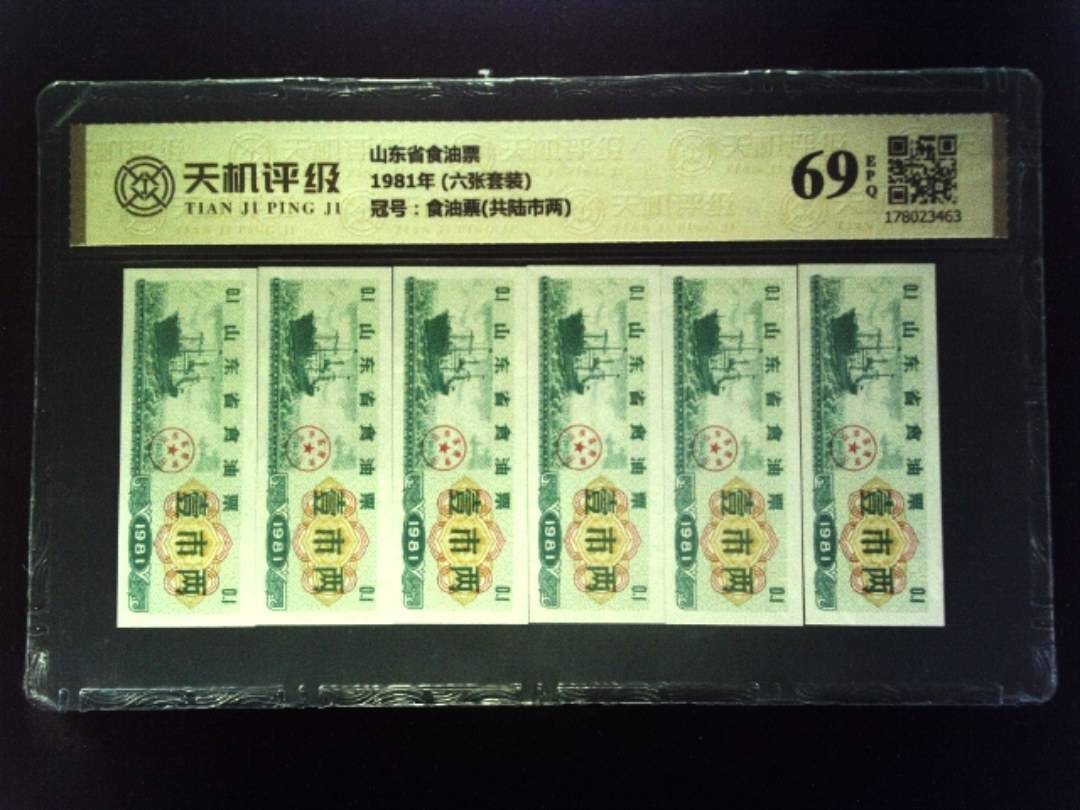 山东省食油票1981年 (六张套装)，冠号食油票(共陆市两)，纸币，钱币收藏