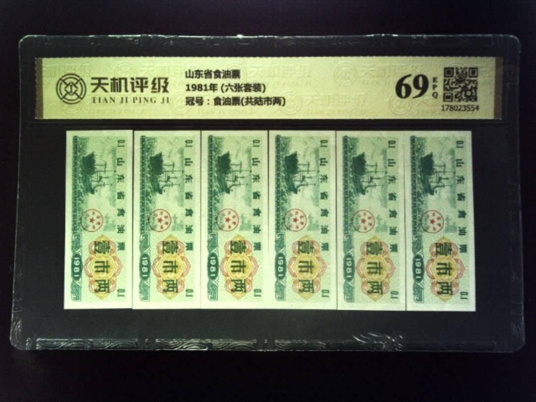 山东省食油票1981年 (六张套装)，冠号食油票(共陆市两)，纸币，钱币收藏