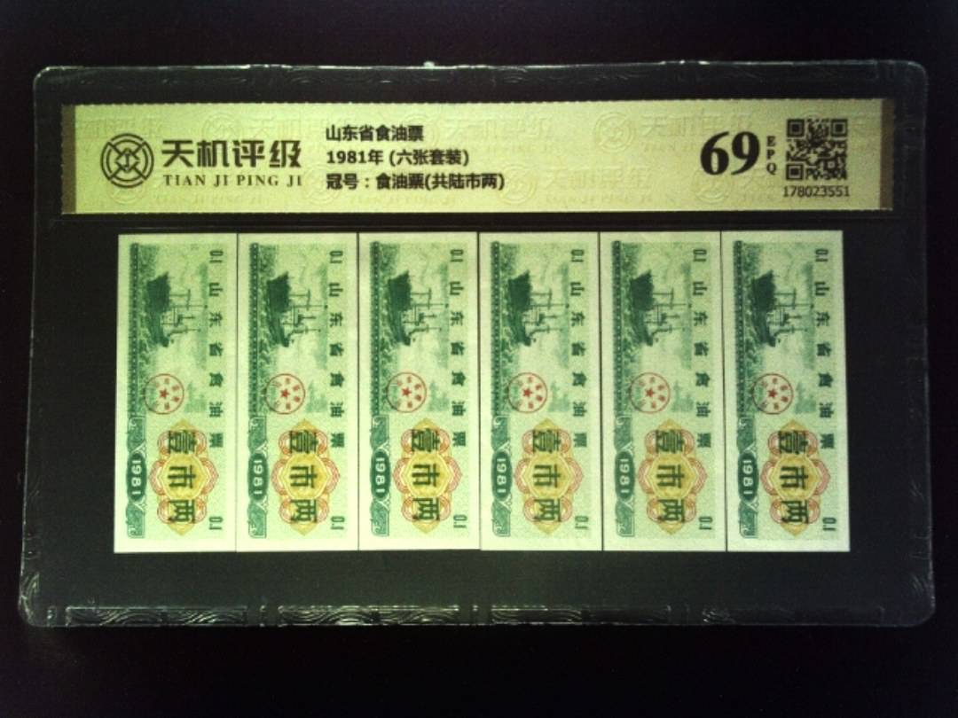 山东省食油票1981年 (六张套装)，冠号食油票(共陆市两)，纸币，钱币收藏