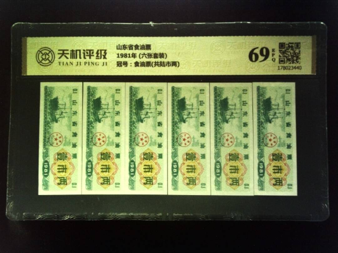 山东省食油票1981年 (六张套装)，冠号食油票(共陆市两)，纸币，钱币收藏