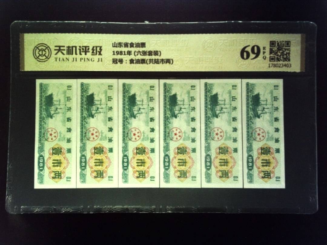 山东省食油票1981年 (六张套装)，冠号食油票(共陆市两)，纸币，钱币收藏