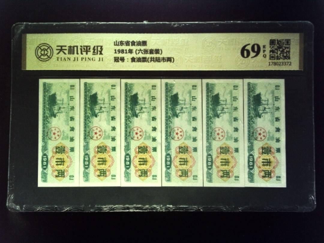 山东省食油票1981年 (六张套装)，冠号食油票(共陆市两)，纸币，钱币收藏