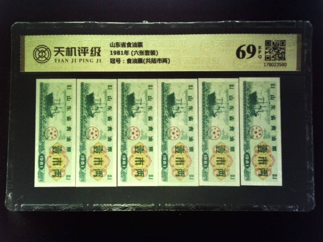 山东省食油票1981年 (六张套装)，冠号食油票(共陆市两)，纸币，钱币收藏