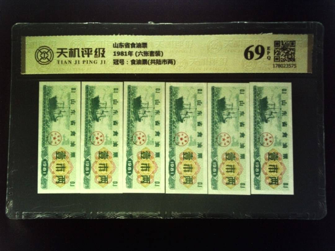 山东省食油票1981年 (六张套装)，冠号食油票(共陆市两)，纸币，钱币收藏