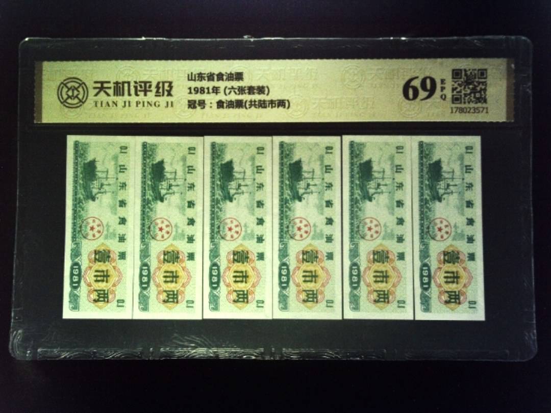 山东省食油票1981年 (六张套装)，冠号食油票(共陆市两)，纸币，钱币收藏