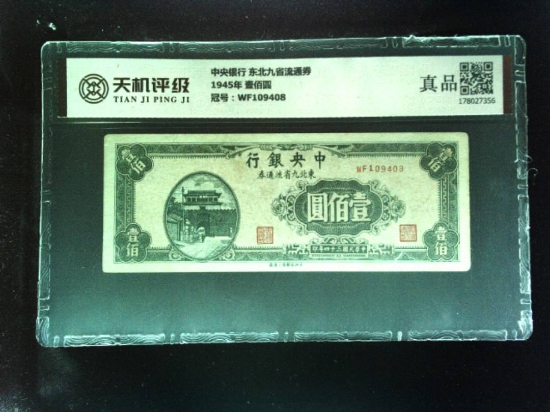 中央银行 东北九省流通券1945年 壹佰圆，冠号WF109408，纸币，钱币收藏