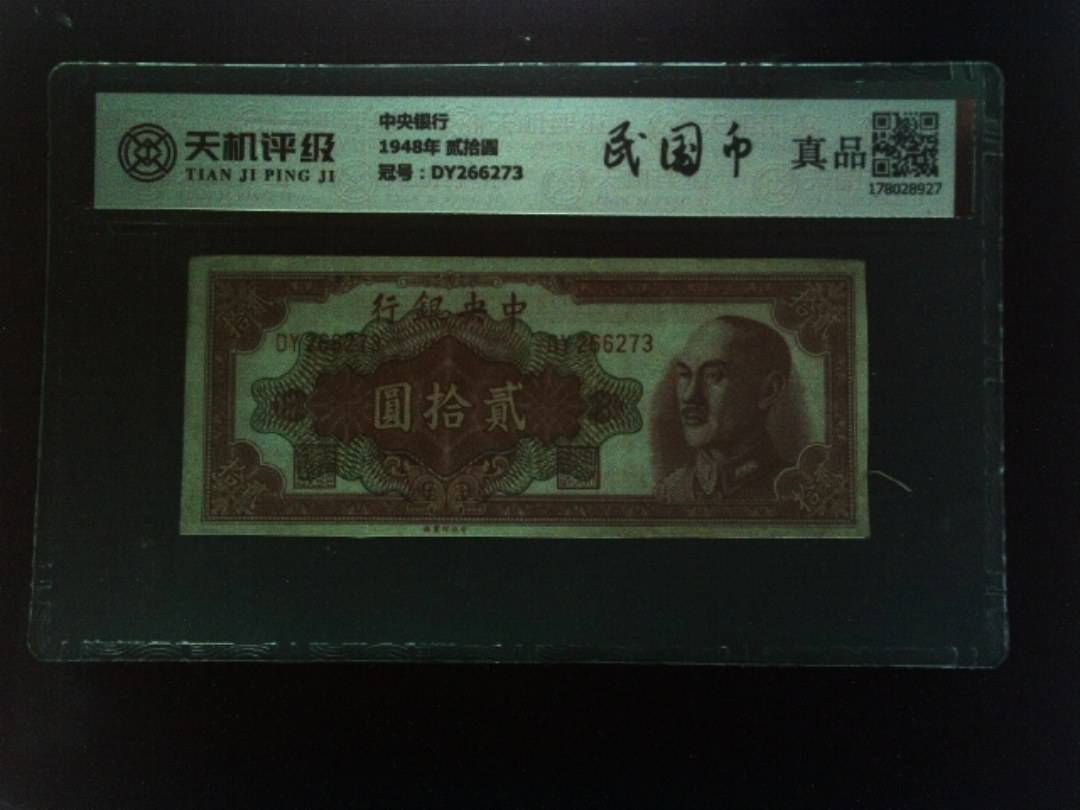 中央银行1948年 贰拾圆，冠号DY266273，纸币，钱币收藏