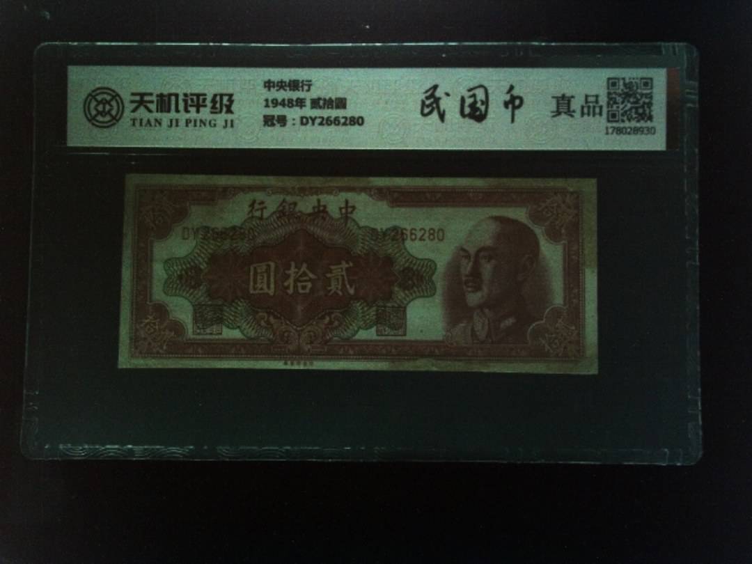 中央银行1948年 贰拾圆，冠号DY266280，纸币，钱币收藏
