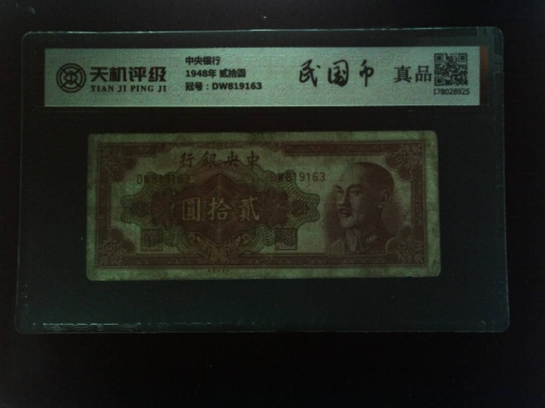 中央银行1948年 贰拾圆，冠号DW819163，纸币，钱币收藏