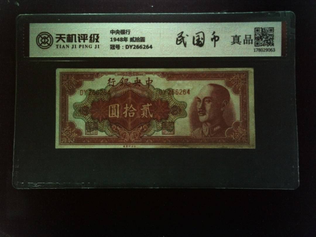 中央银行1948年 贰拾圆，冠号DY266264，纸币，钱币收藏