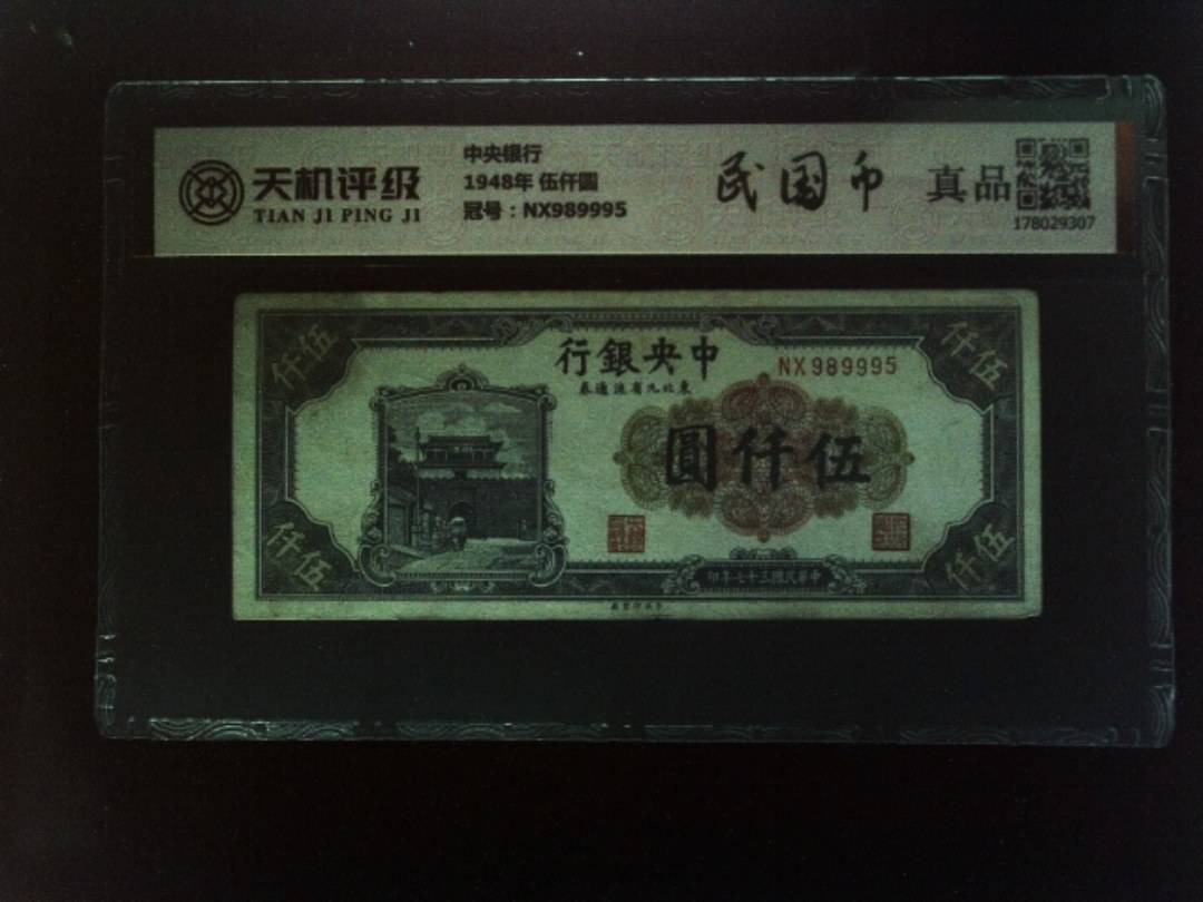 中央银行1948年 伍仟圆，冠号NX989995，纸币，钱币收藏