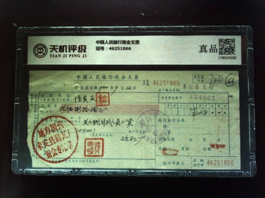 中国人民银行现金支票，冠号46251866，纸币，钱币收藏