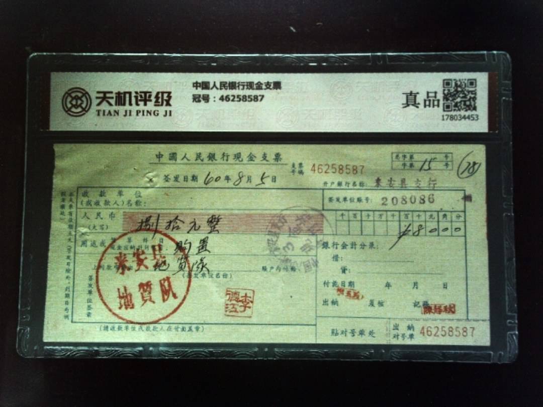 中国人民银行现金支票，冠号46258587，纸币，钱币收藏