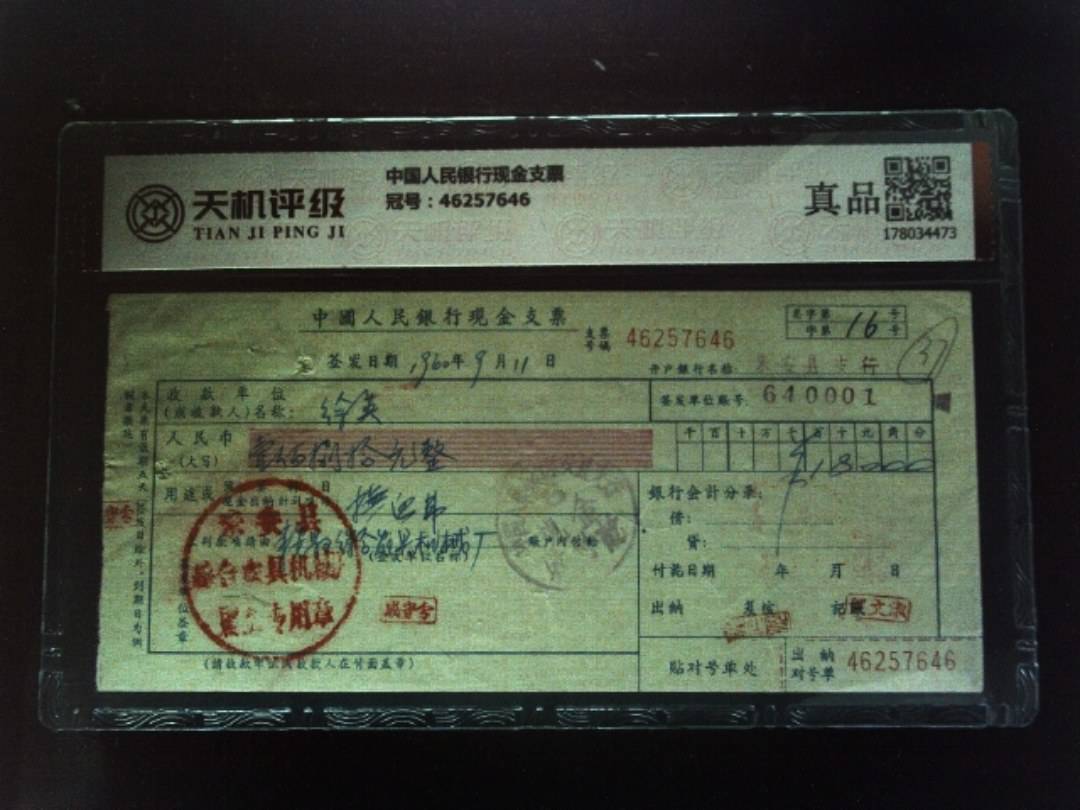 中国人民银行现金支票，冠号46257646，纸币，钱币收藏