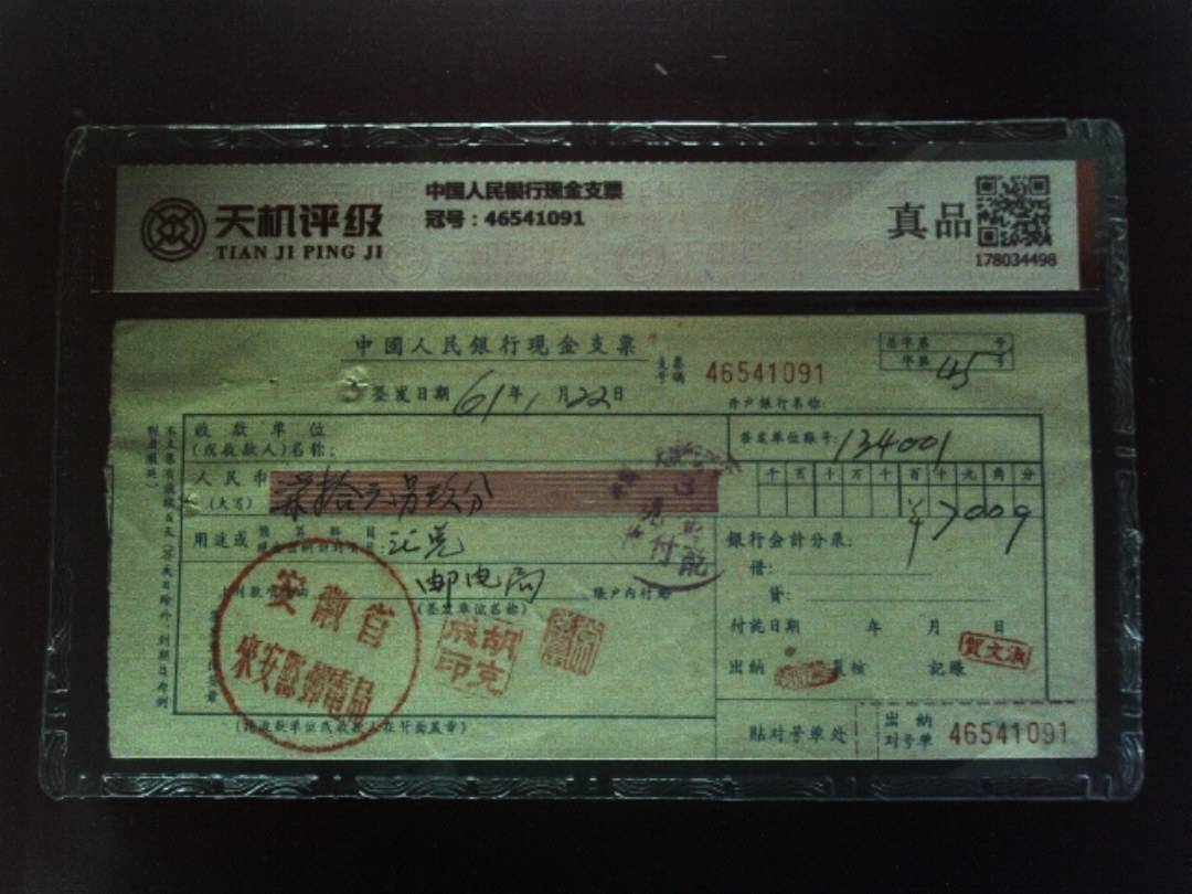 中国人民银行现金支票，冠号46541091，纸币，钱币收藏