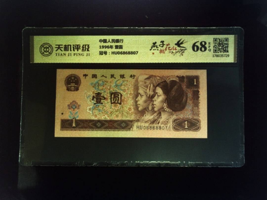 中国人民银行1996年 壹圆，冠号HU06868807，纸币，钱币收藏