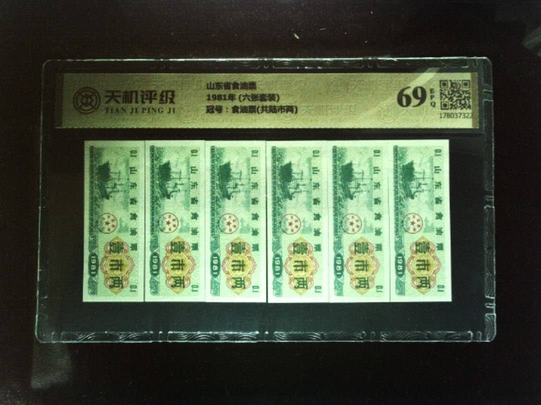 山东省食油票1981年 (六张套装)，冠号食油票(共陆市两)，纸币，钱币收藏