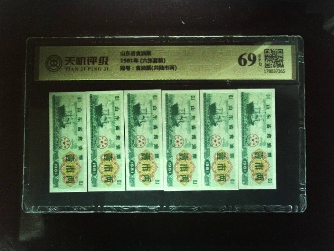山东省食油票1981年 (六张套装)，冠号食油票(共陆市两)，纸币，钱币收藏