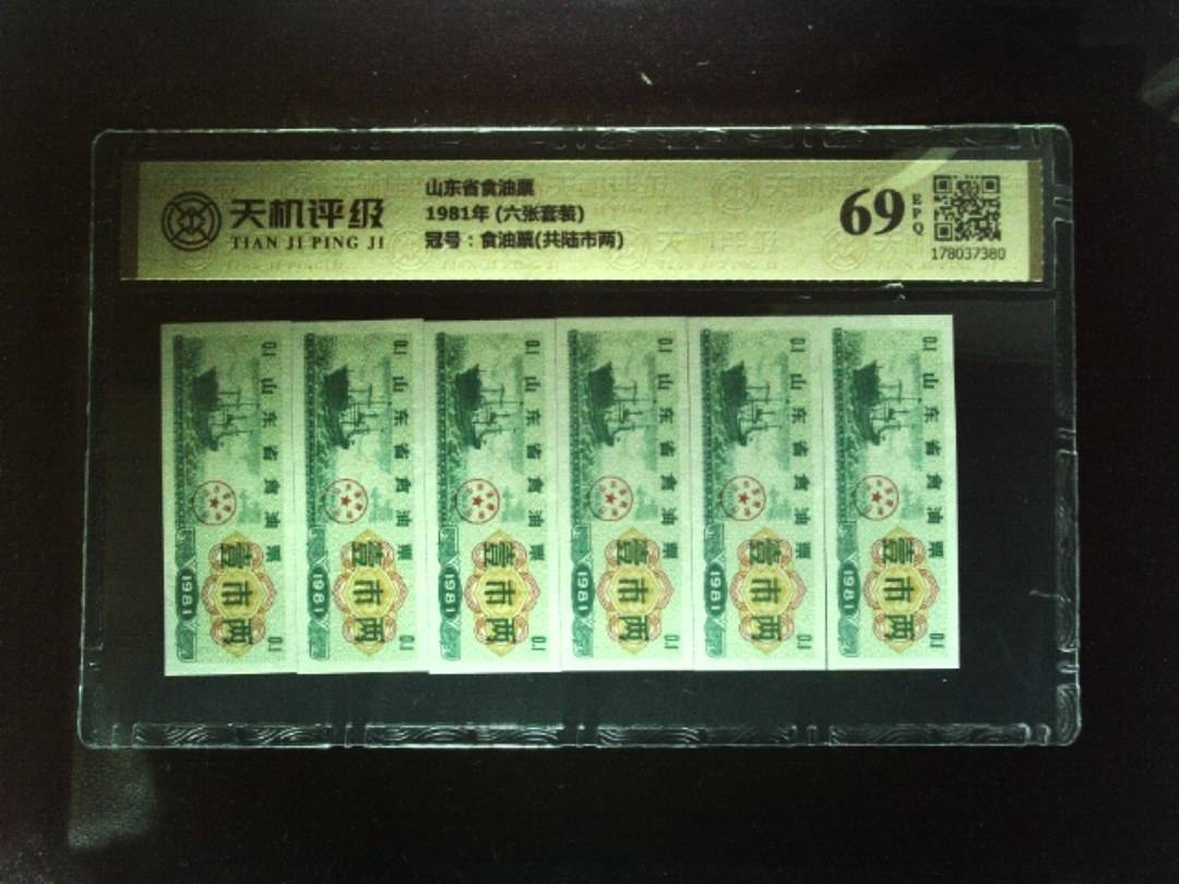山东省食油票1981年 (六张套装)，冠号食油票(共陆市两)，纸币，钱币收藏