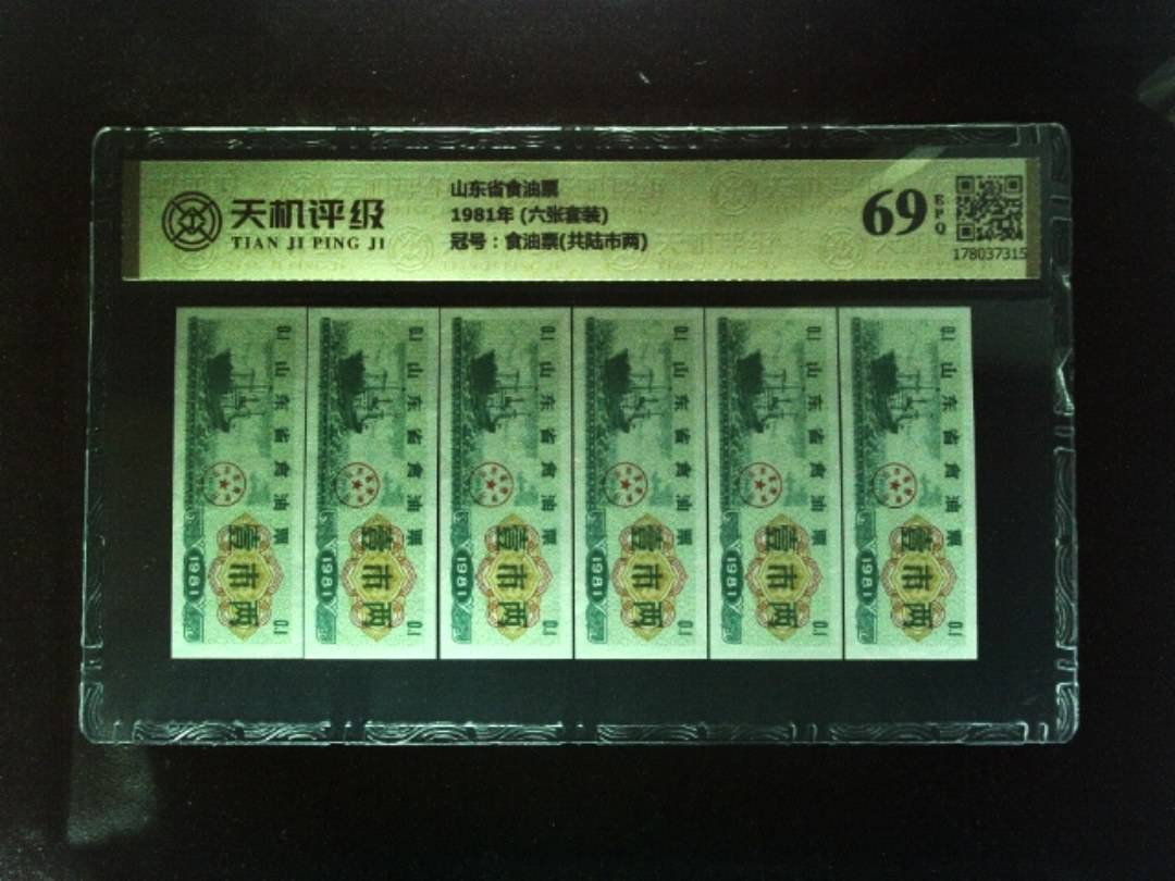 山东省食油票1981年 (六张套装)，冠号食油票(共陆市两)，纸币，钱币收藏