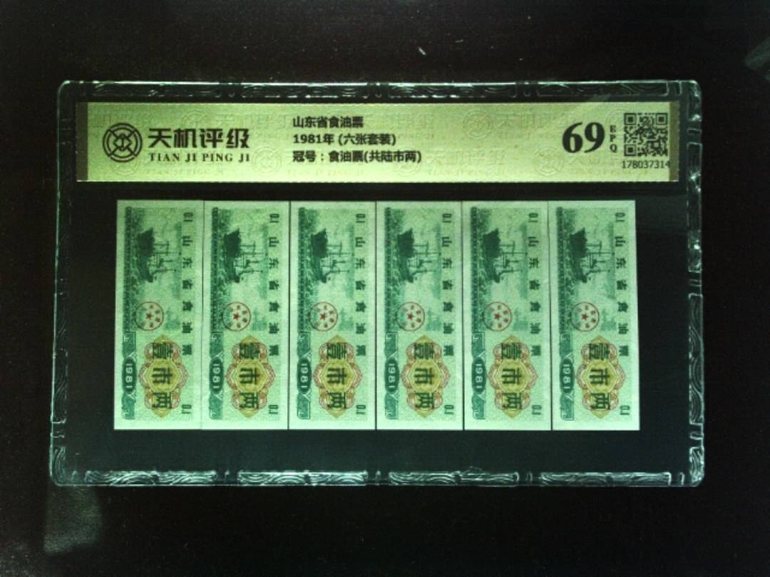 山东省食油票1981年 (六张套装)，冠号食油票(共陆市两)，纸币，钱币收藏