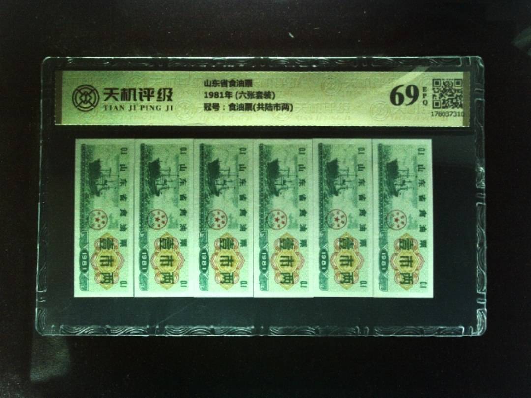 山东省食油票1981年 (六张套装)，冠号食油票(共陆市两)，纸币，钱币收藏
