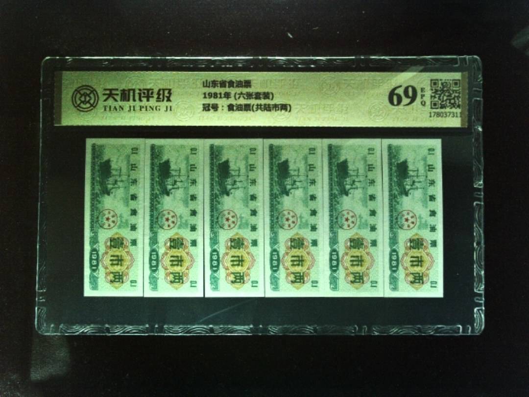 山东省食油票1981年 (六张套装)，冠号食油票(共陆市两)，纸币，钱币收藏