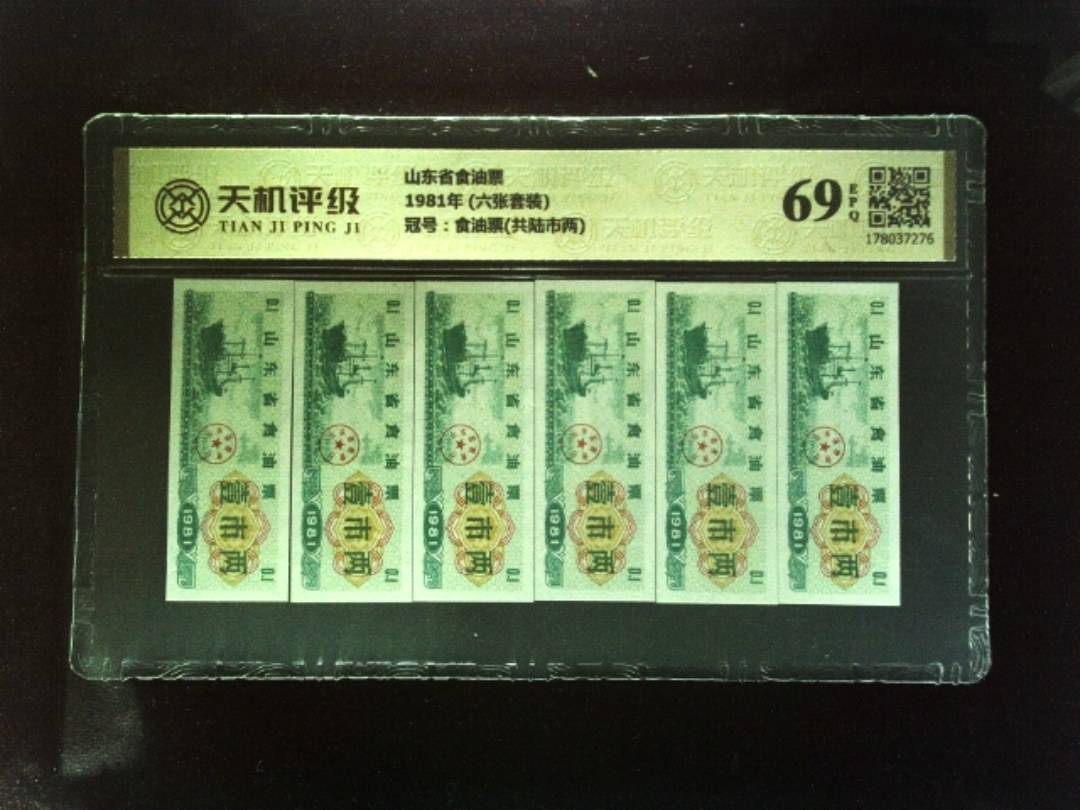 山东省食油票1981年 (六张套装)，冠号食油票(共陆市两)，纸币，钱币收藏