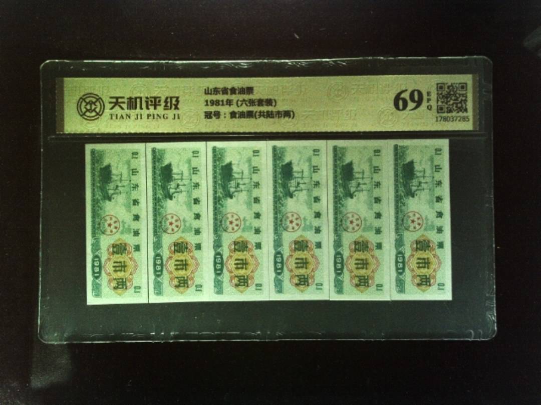 山东省食油票1981年 (六张套装)，冠号食油票(共陆市两)，纸币，钱币收藏