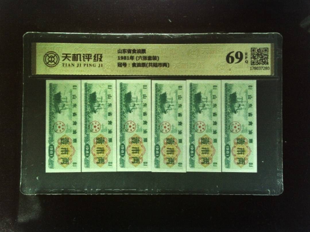 山东省食油票1981年 (六张套装)，冠号食油票(共陆市两)，纸币，钱币收藏
