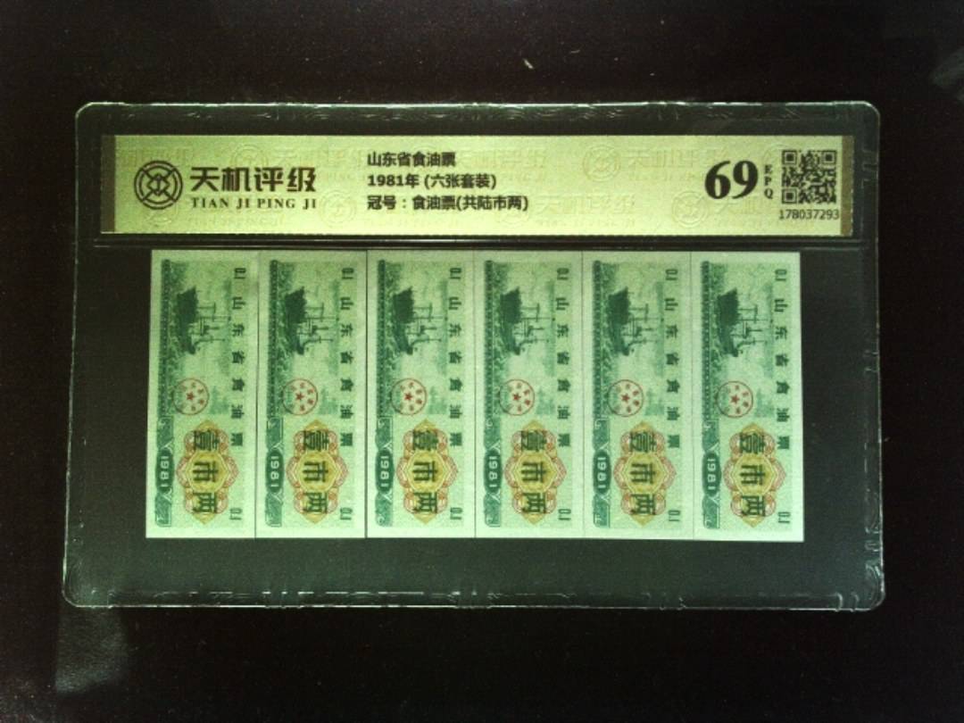 山东省食油票1981年 (六张套装)，冠号食油票(共陆市两)，纸币，钱币收藏