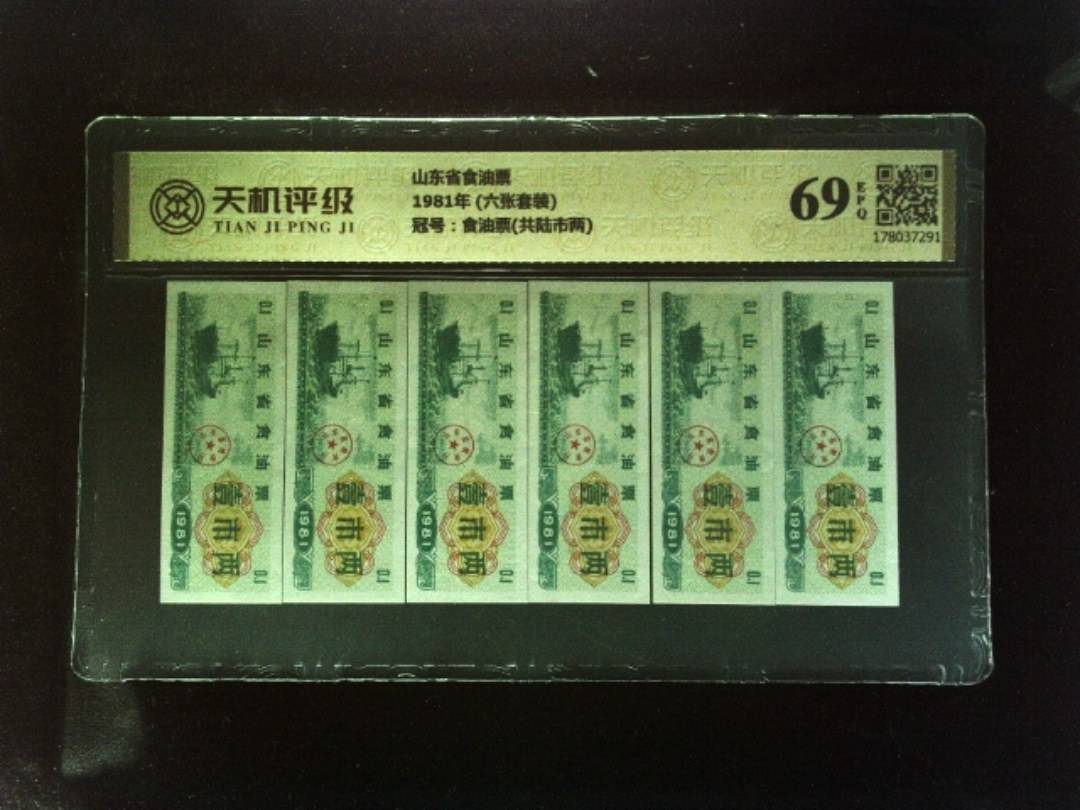 山东省食油票1981年 (六张套装)，冠号食油票(共陆市两)，纸币，钱币收藏