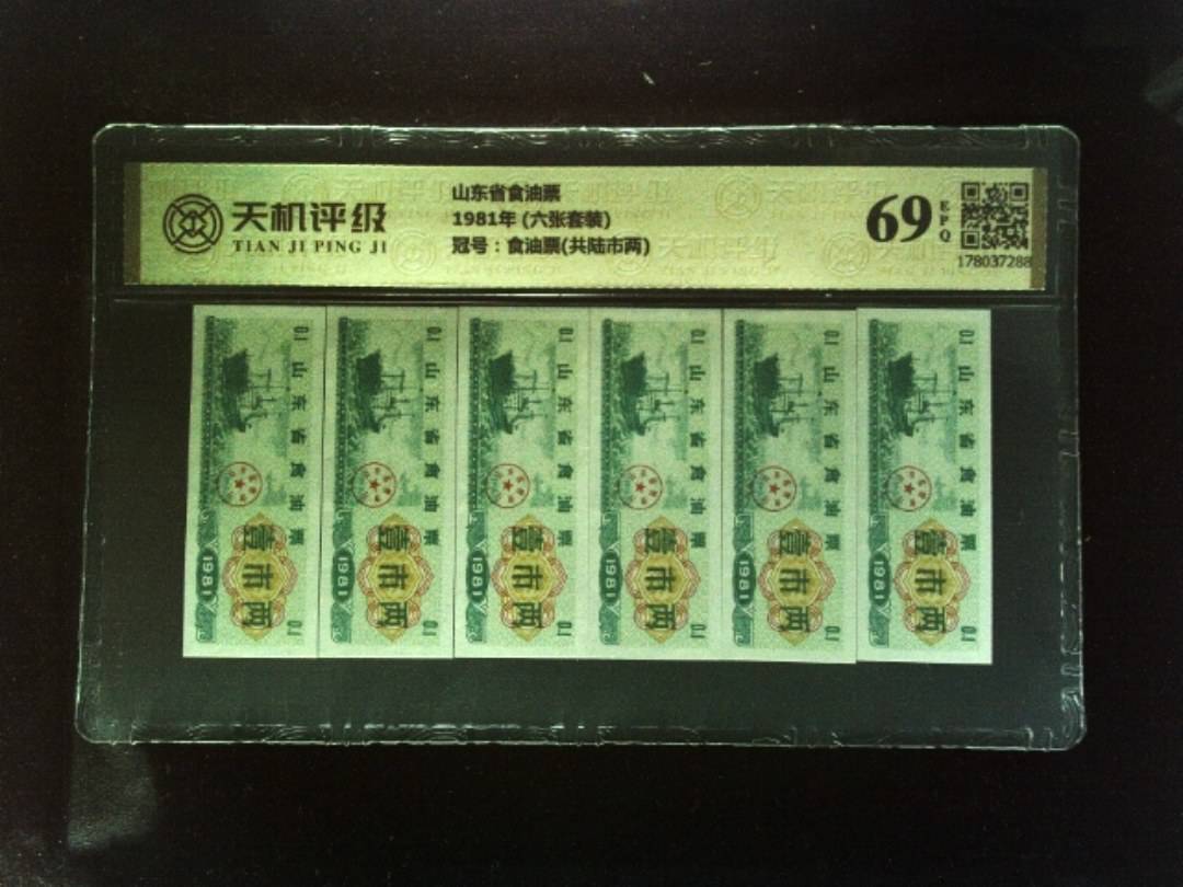 山东省食油票1981年 (六张套装)，冠号食油票(共陆市两)，纸币，钱币收藏