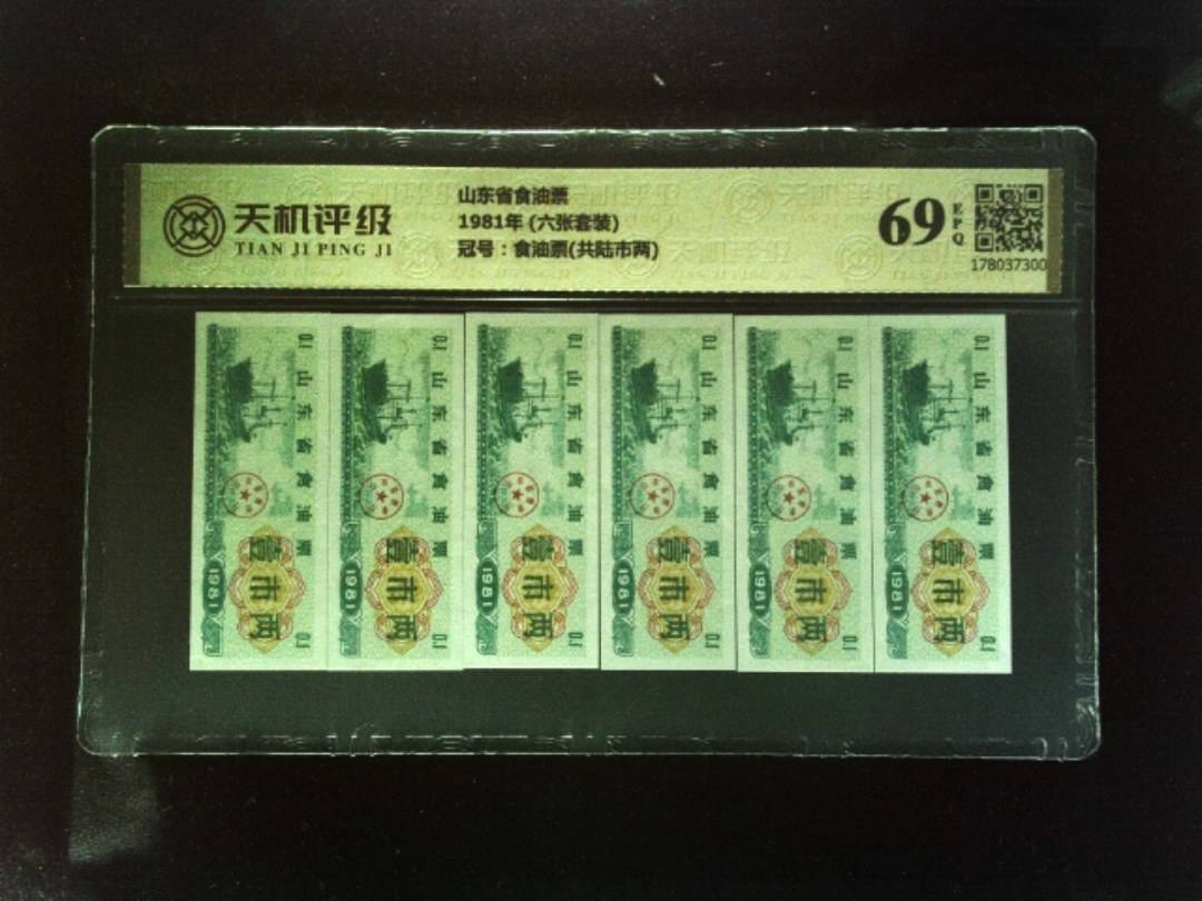 山东省食油票1981年 (六张套装)，冠号食油票(共陆市两)，纸币，钱币收藏