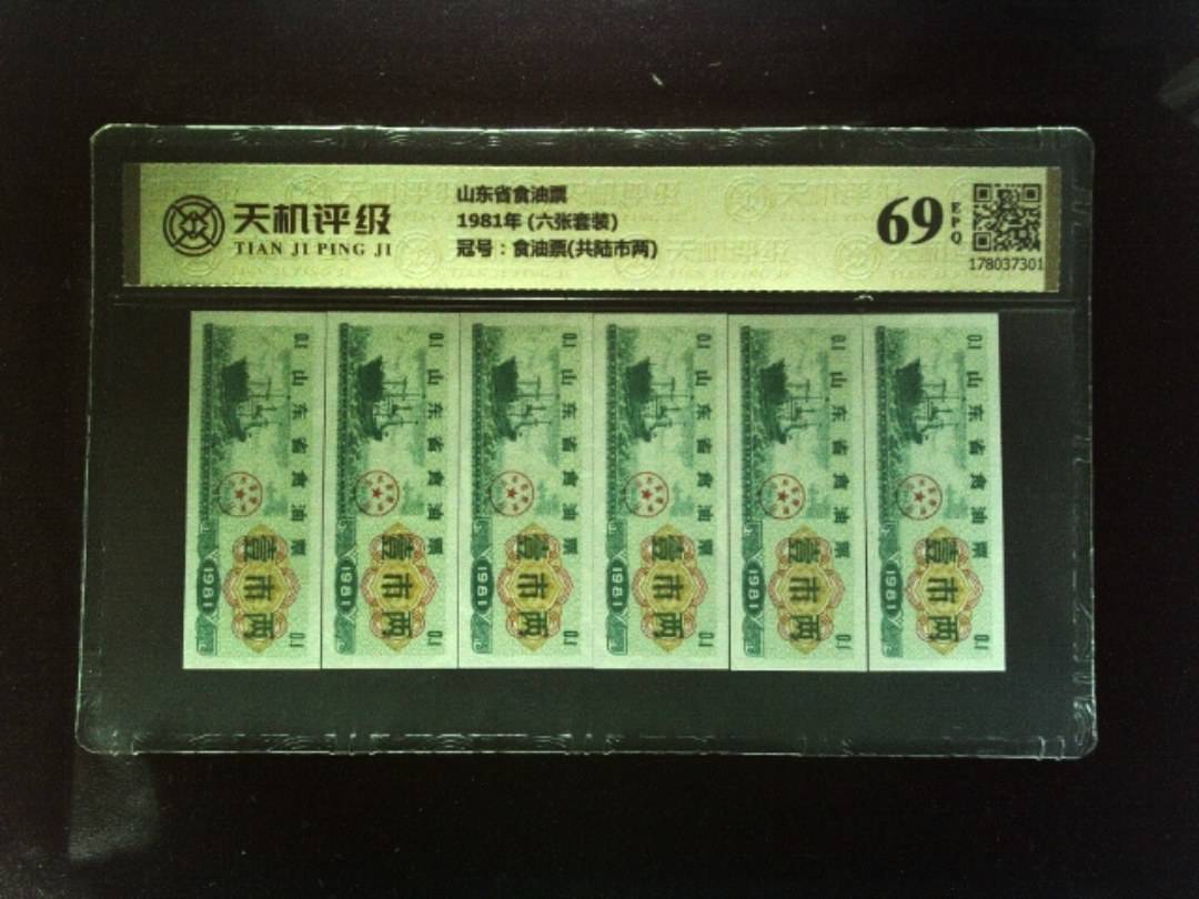 山东省食油票1981年 (六张套装)，冠号食油票(共陆市两)，纸币，钱币收藏