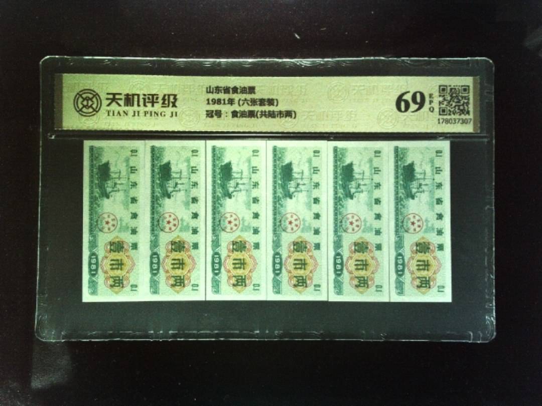 山东省食油票1981年 (六张套装)，冠号食油票(共陆市两)，纸币，钱币收藏