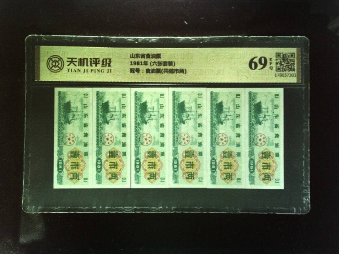 山东省食油票1981年 (六张套装)，冠号食油票(共陆市两)，纸币，钱币收藏