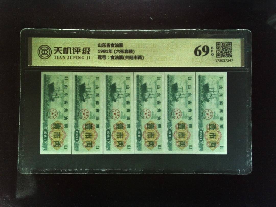 山东省食油票1981年 (六张套装)，冠号食油票(共陆市两)，纸币，钱币收藏
