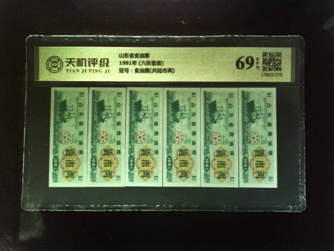 山东省食油票1981年 (六张套装)，冠号食油票(共陆市两)，纸币，钱币收藏